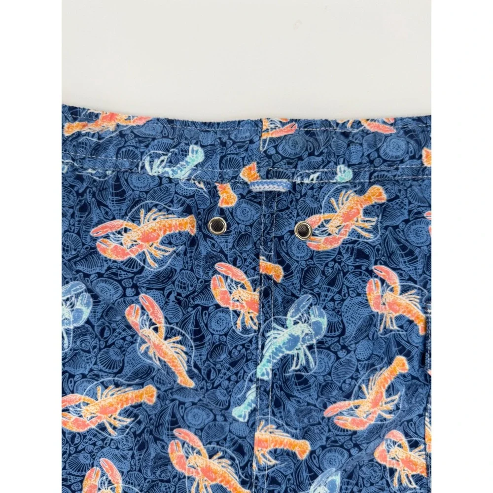 Peter Millar Mens Navy Blue Lobster Shell Print Swim Trunks Mesh Lined Large